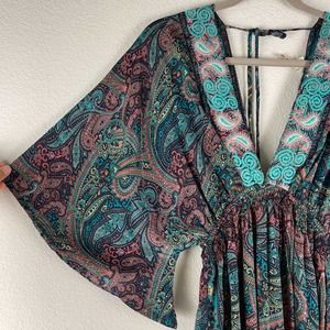 Raga Size Small Mystic Garden Paisley Maxi Dress Green Pink Boho Peasant